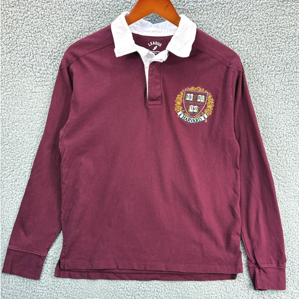 League Harvard University Rugby Shirt Men's Size S Maroon Long Sleeve Polo
